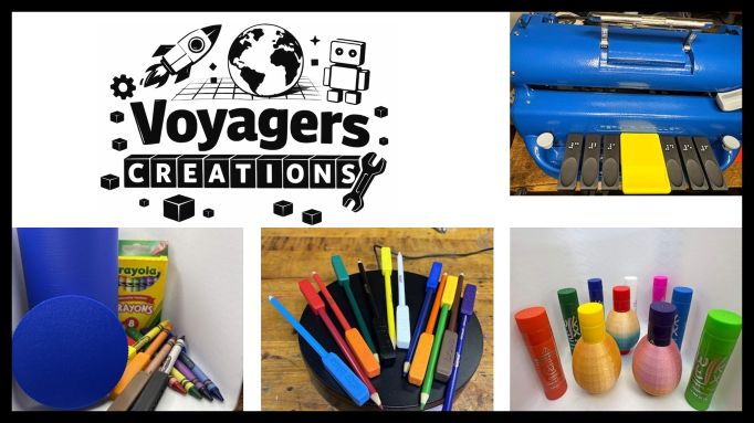 The logo for Voyagers Creations (in black on white including a few STEM images) with photographs of several of their products that were discussed in this episode.